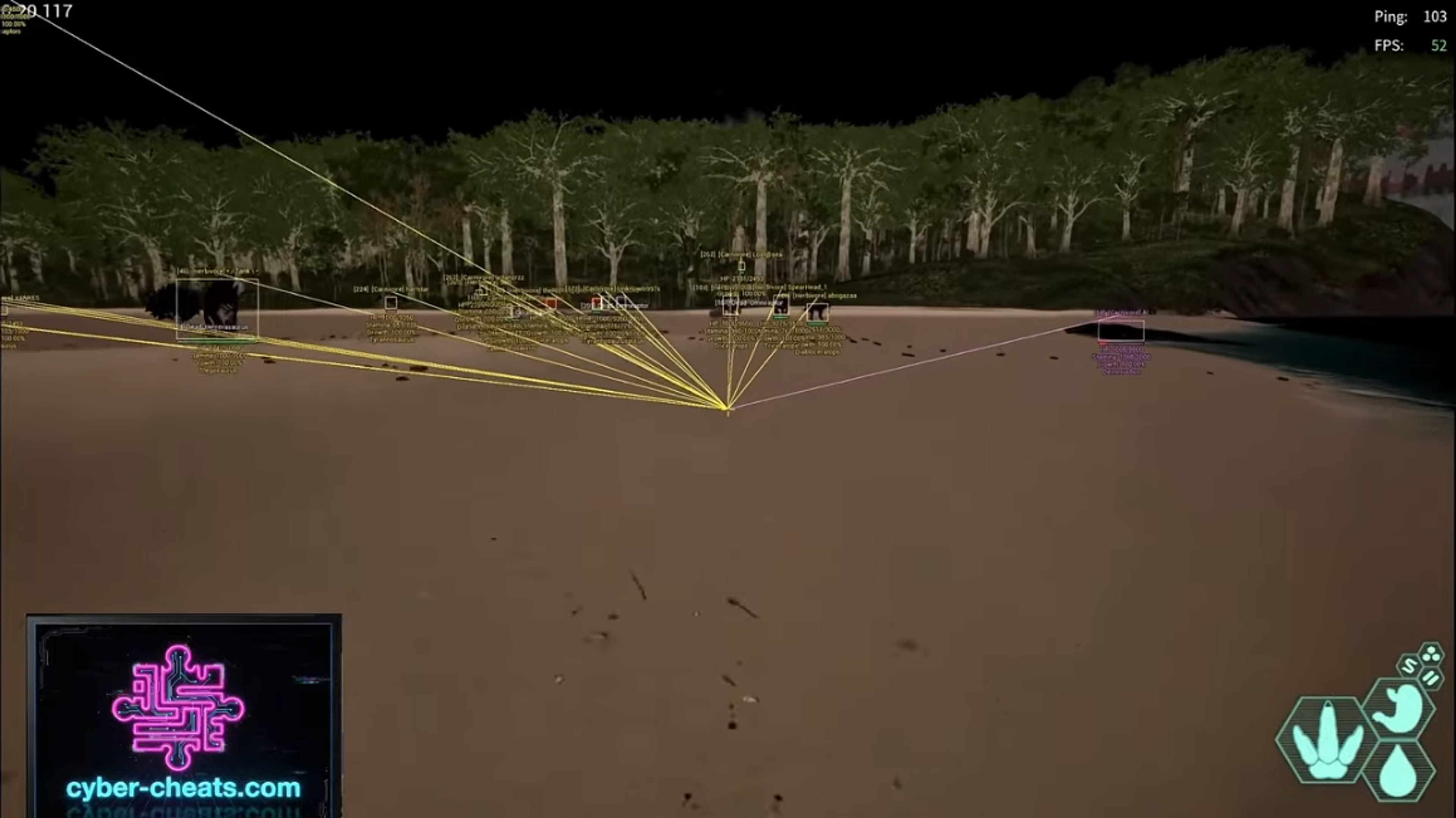 The Isle beach night ESP snaplines with player health stamina and growth stats