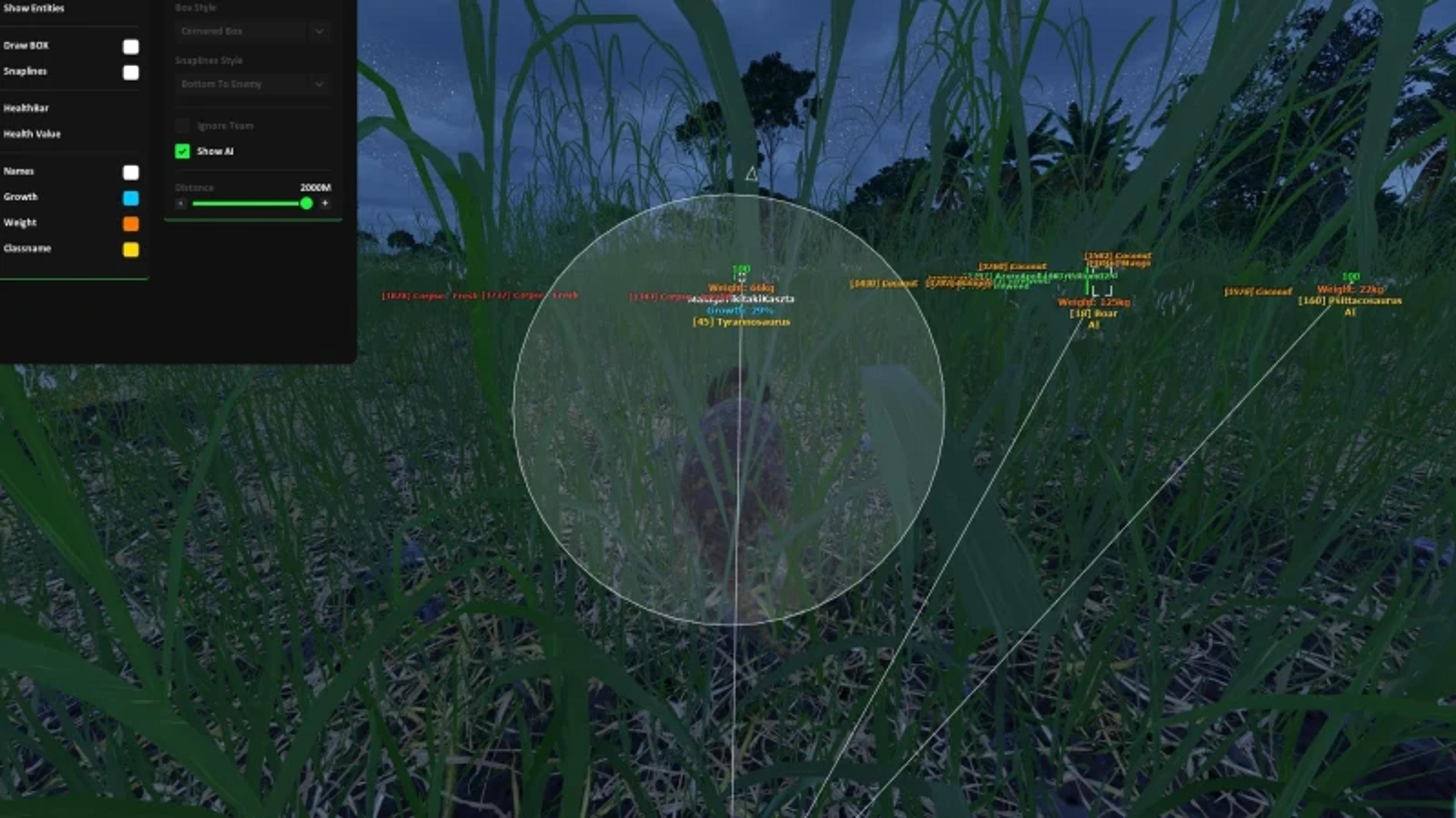 The Isle entity ESP menu with box, snaplines, health bar and AI distance on Evrima PC