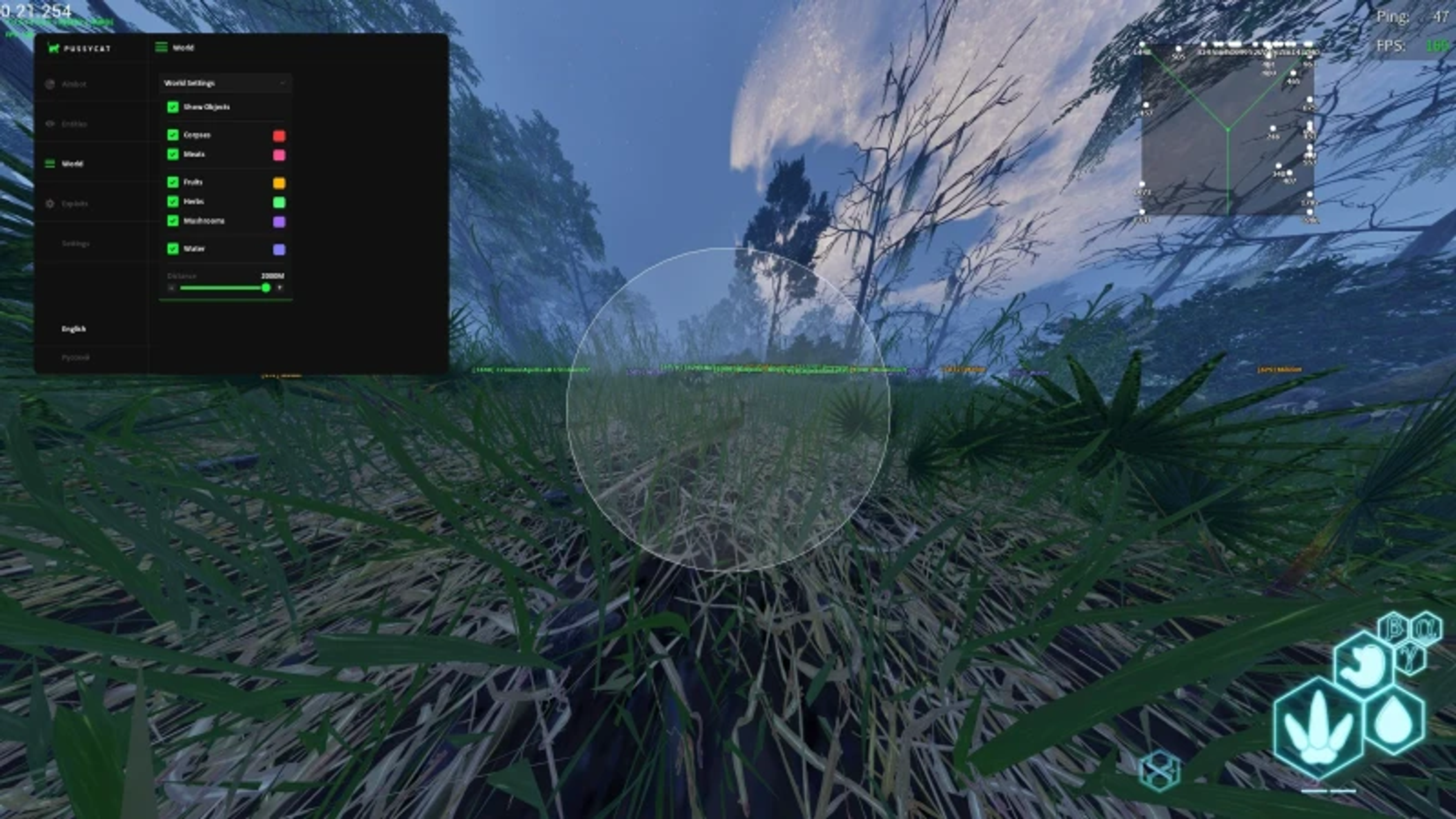The Isle world ESP menu for corpses fruit water herbs and mushrooms on Windows